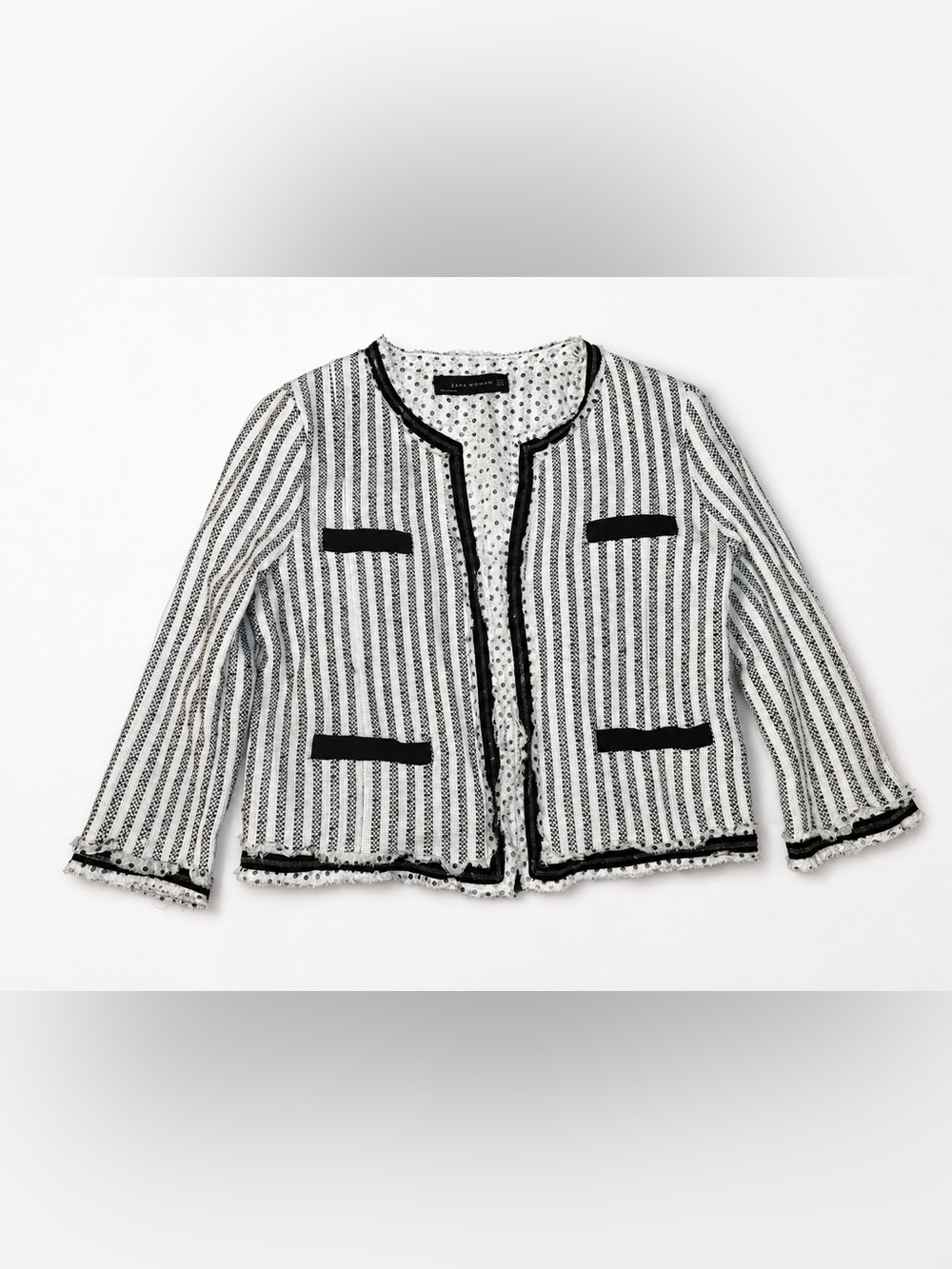 Zara Black & White Striped Open-Front Blazer